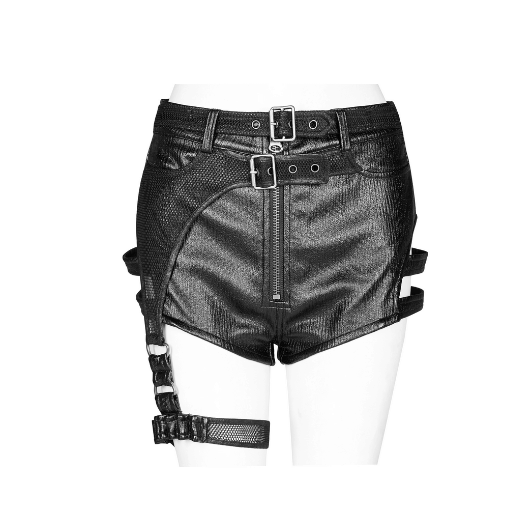 Sexy Black Faux Leather Cargo Shorts with Straps