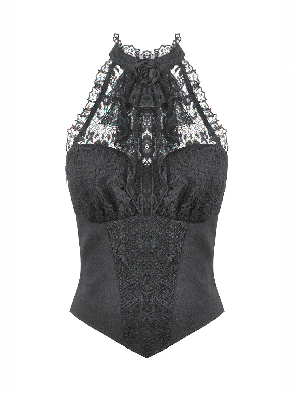 Sexy Black Gothic Lace Halter Top with Rose Detail