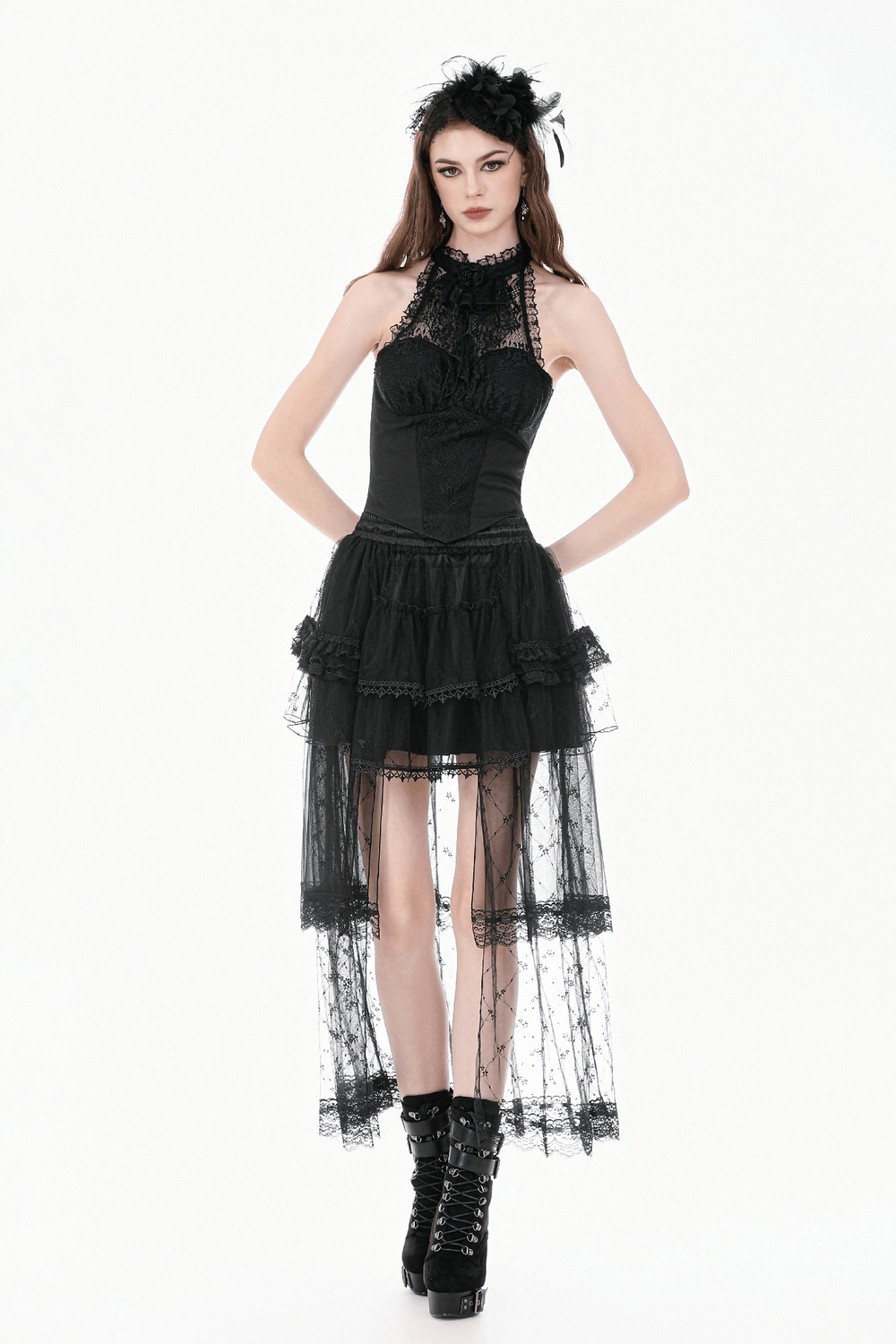 Sexy Black Gothic Lace Halter Top with Rose Detail