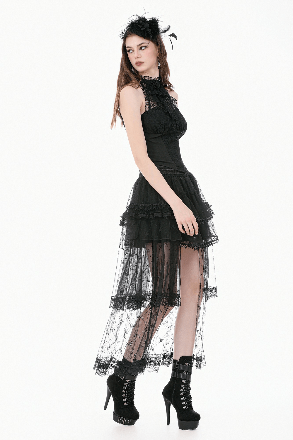 Sexy Black Gothic Lace Halter Top with Rose Detail
