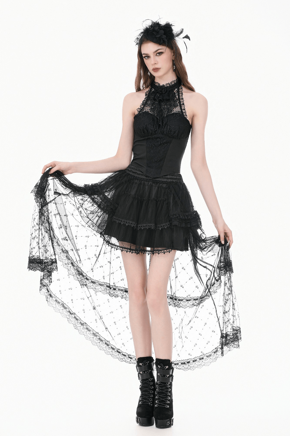 Sexy Black Gothic Lace Halter Top with Rose Detail