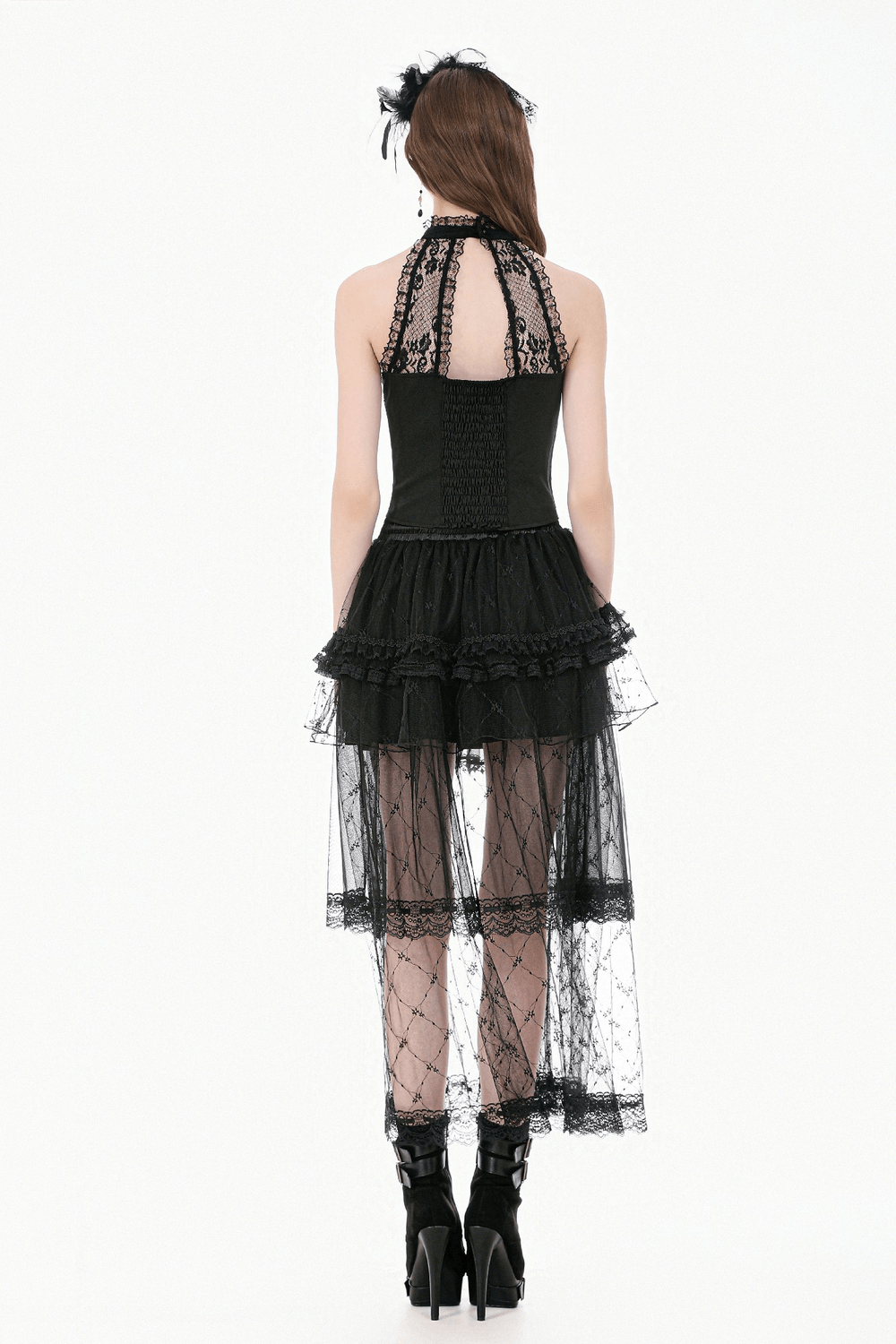 Sexy Black Gothic Lace Halter Top with Rose Detail