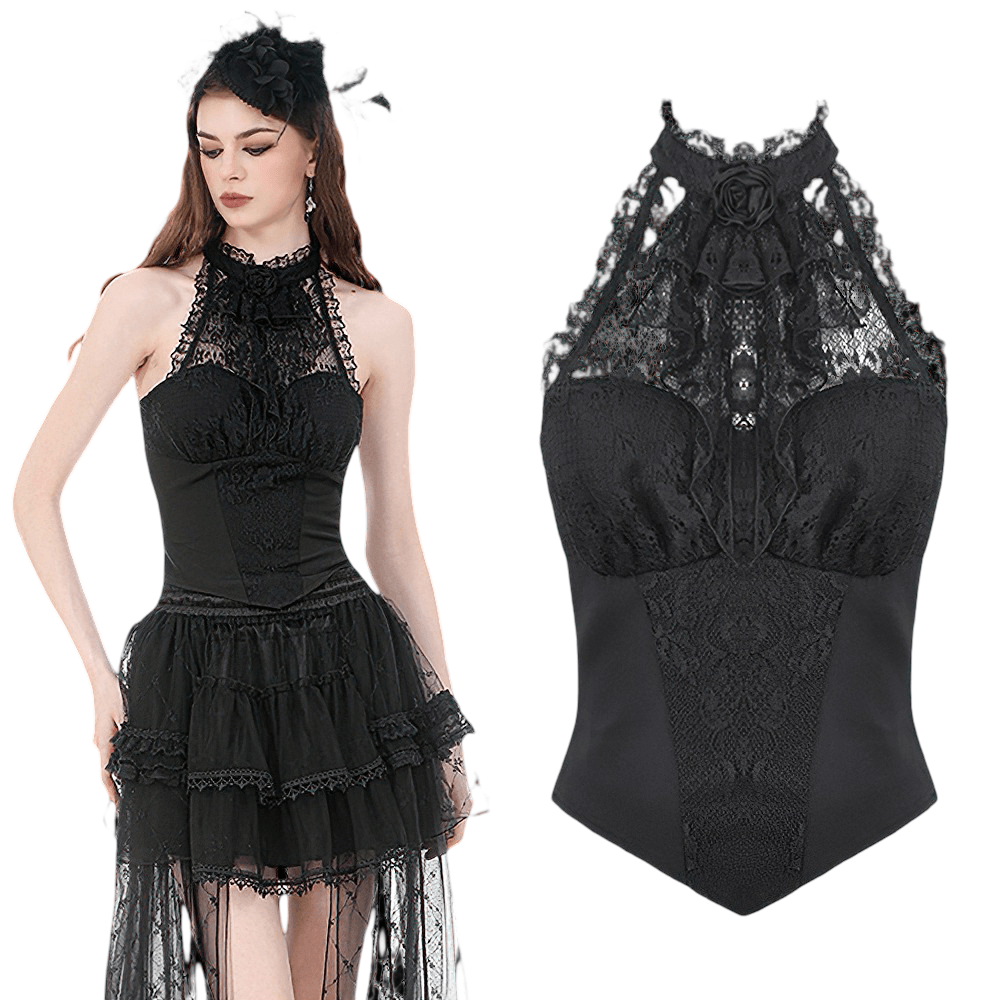 Sexy Black Gothic Lace Halter Top with Rose Detail