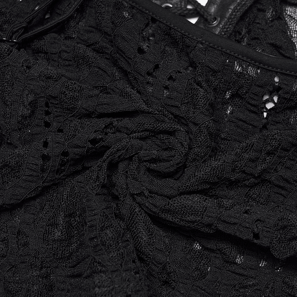 Alt Tag: Sexy Black Gothic Lace Mesh Lace-Up Punk Camisole close-up of sheer black lace mesh with eyelet lace-up detail