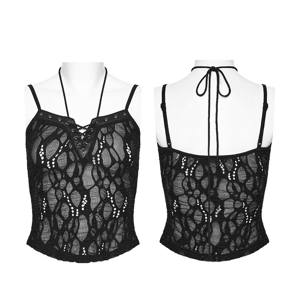 Alt Tag: Sexy Black Gothic Lace Mesh Lace-Up Punk Camisole front and back view, sheer lace mesh V-neck eyelet lace-up, slim straps