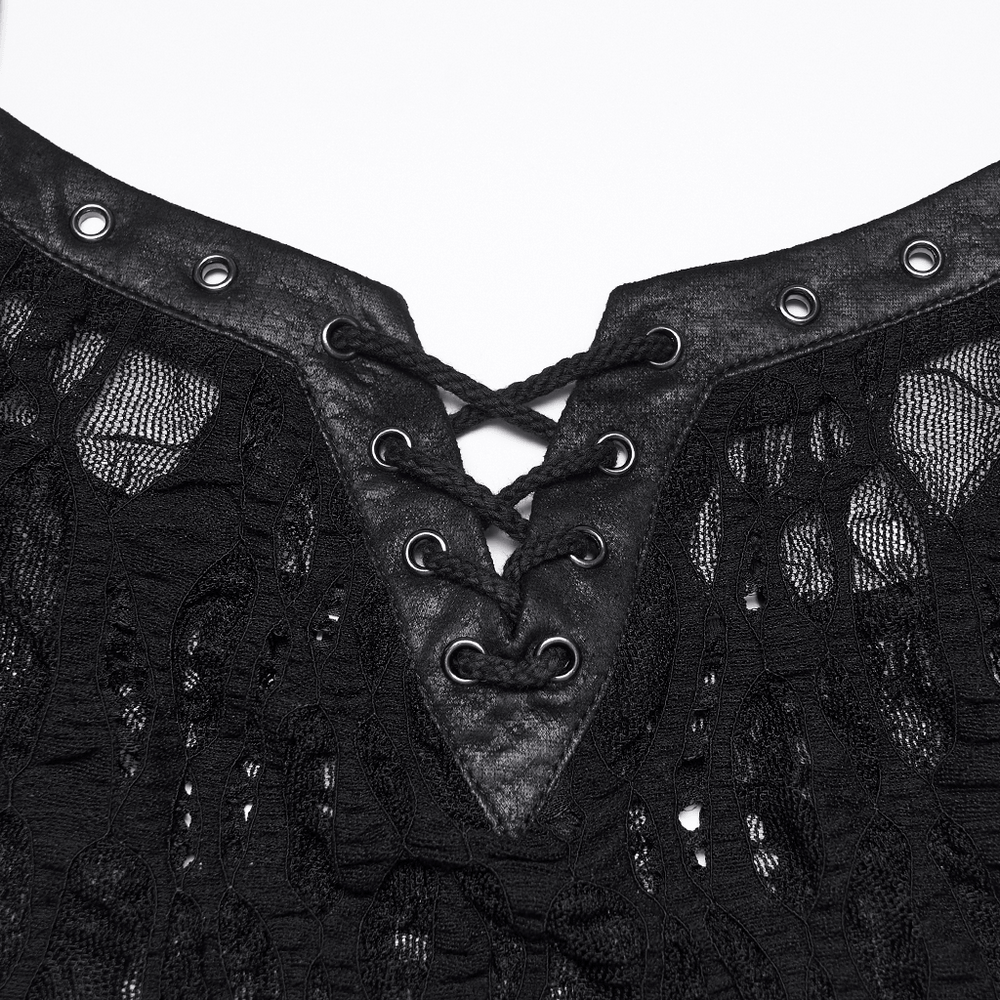 Alt Tag: Sexy Black Gothic Lace Mesh Lace-Up Punk Camisole close-up V-neck eyelet lace-up detail with sheer lace mesh and leather-look trim