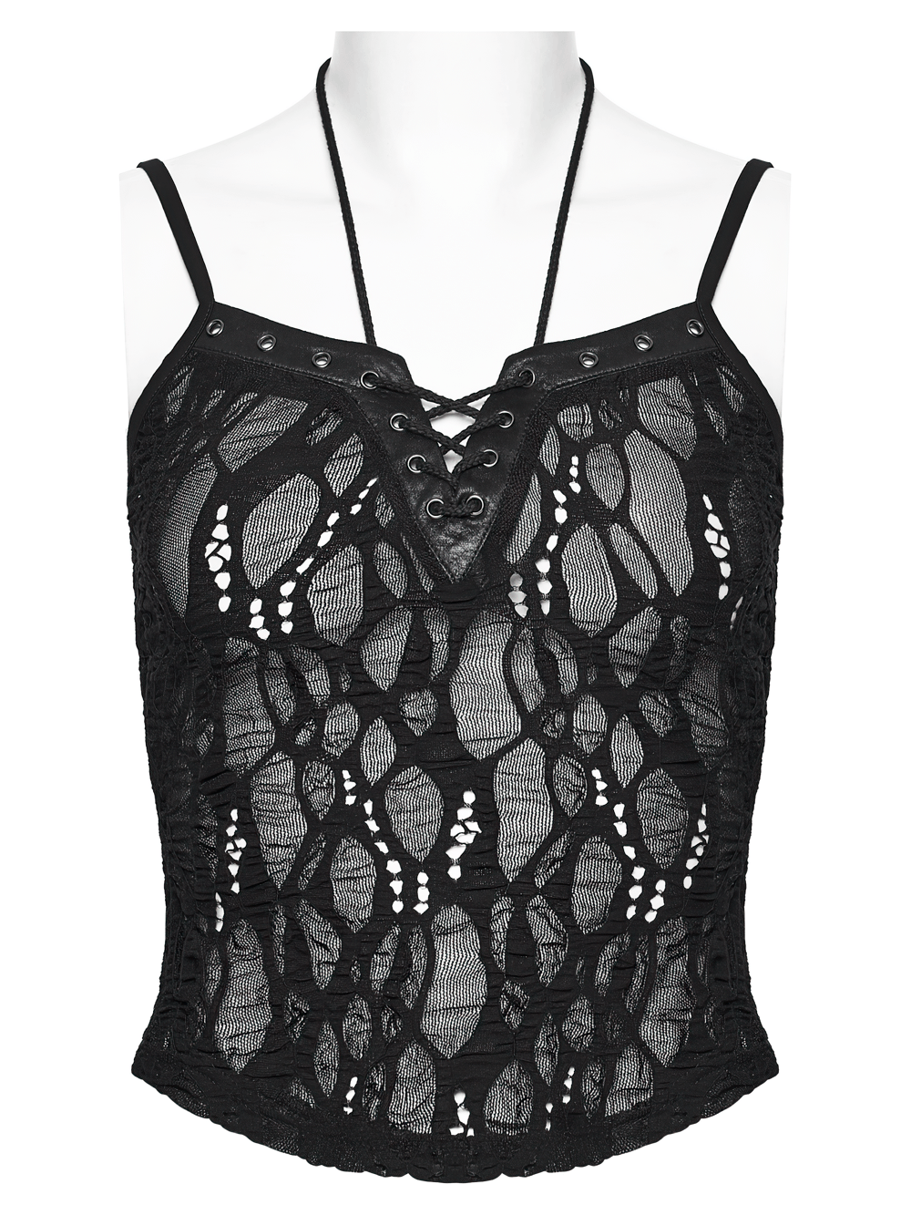 Alt Tag: Sexy Black Gothic Lace Mesh Lace-Up Punk Camisole sheer lace mesh top with V-neck eyelet lace-up front and slim straps