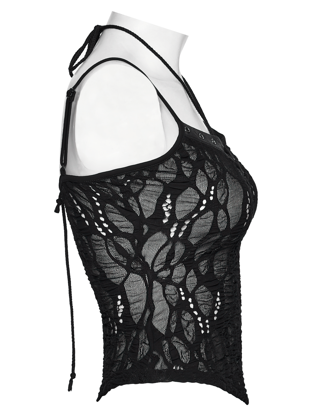 Alt Tag: Sexy Black Gothic Lace Mesh Lace-Up Punk Camisole side view, sheer floral lace mesh, lace-up V neckline, slim straps clubwear top
