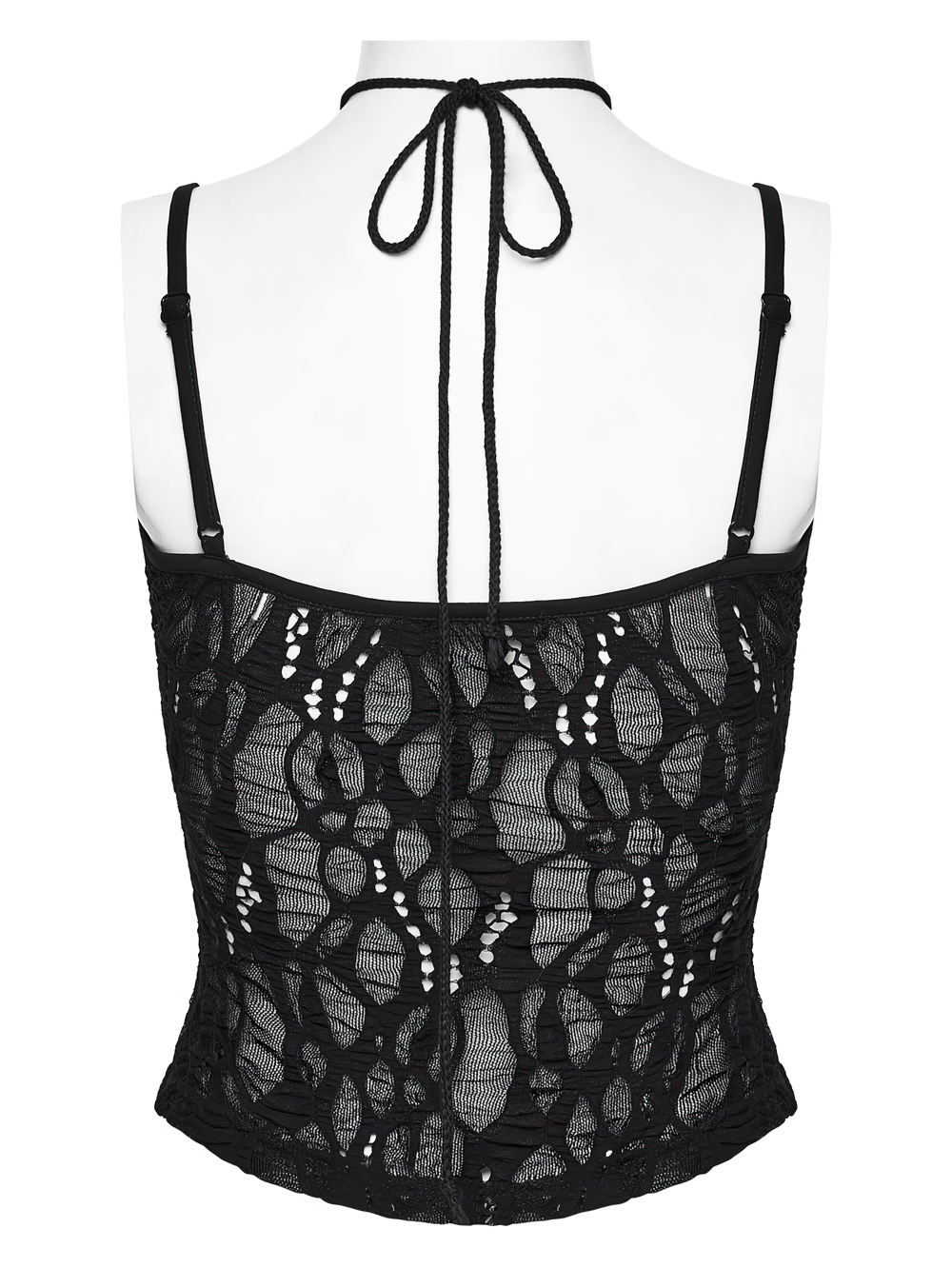 Alt Tag: Sexy Black Gothic Lace Mesh Lace-Up Punk Camisole back view, sheer black lace mesh with thin straps and tie-neck detail