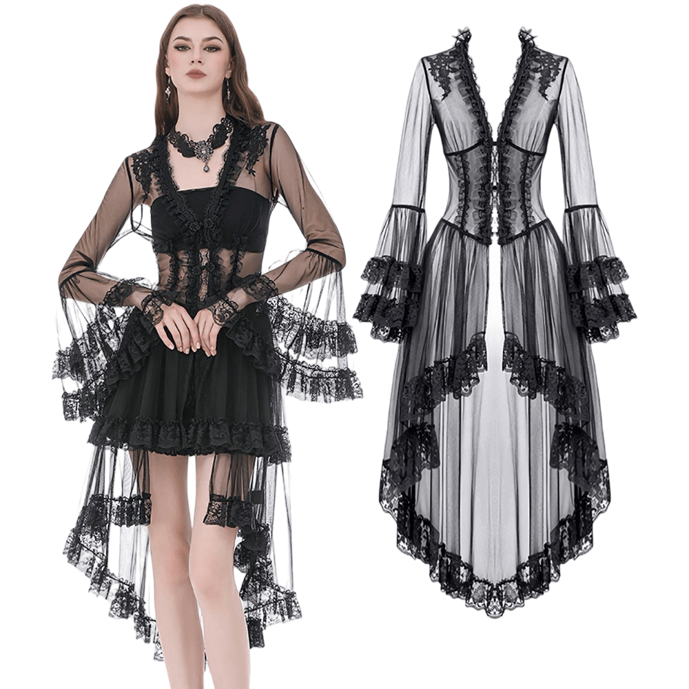 Sexy Black Gothic Sheer Lace Cape with Corset Back Detail displayed on a model showcasing ruffled sleeves and lace trim.