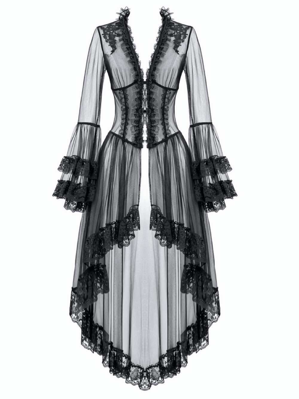Sexy Black Gothic Sheer Lace Cape with Corset Back Detail showing dramatic high-low hem and ruffled sleeves.