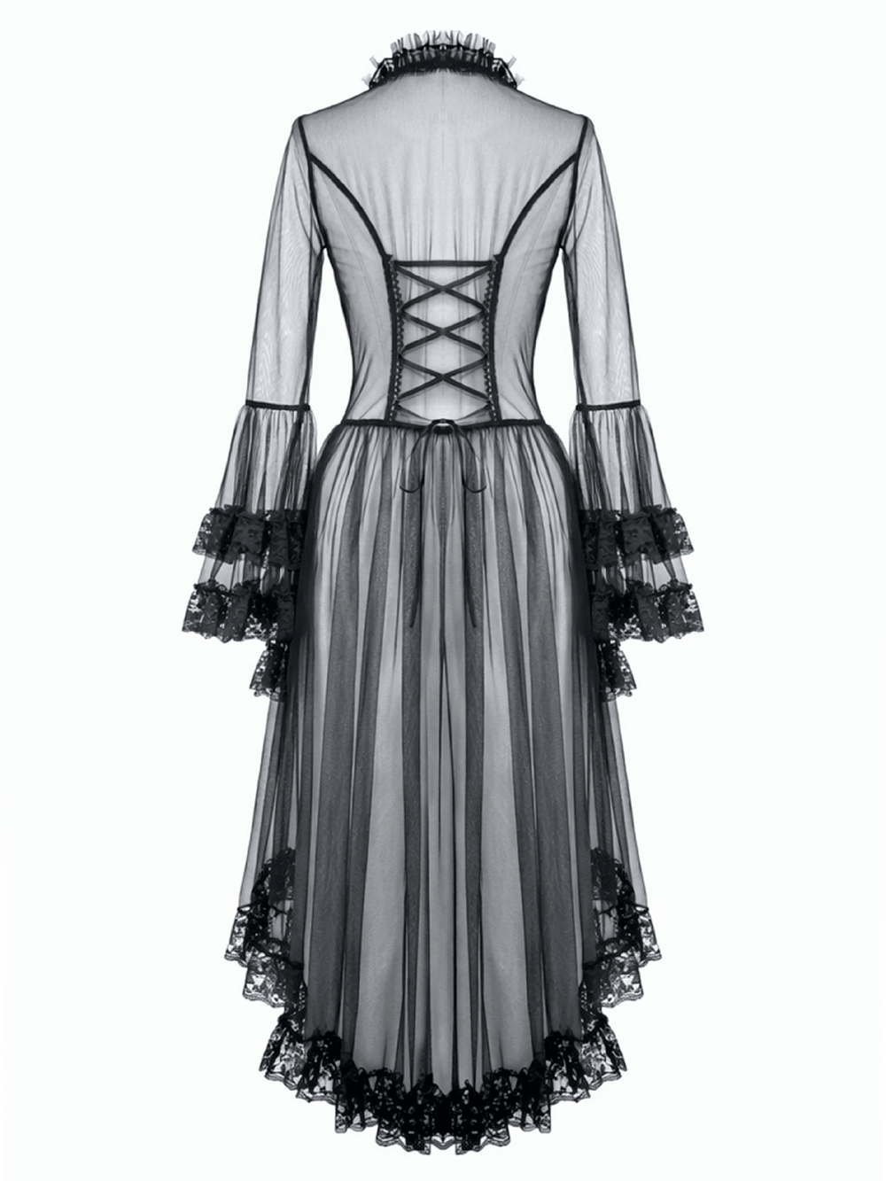 Sexy Black Gothic Sheer Lace Cape with Corset Back Detail showing the back lacing and ruffled sleeves.