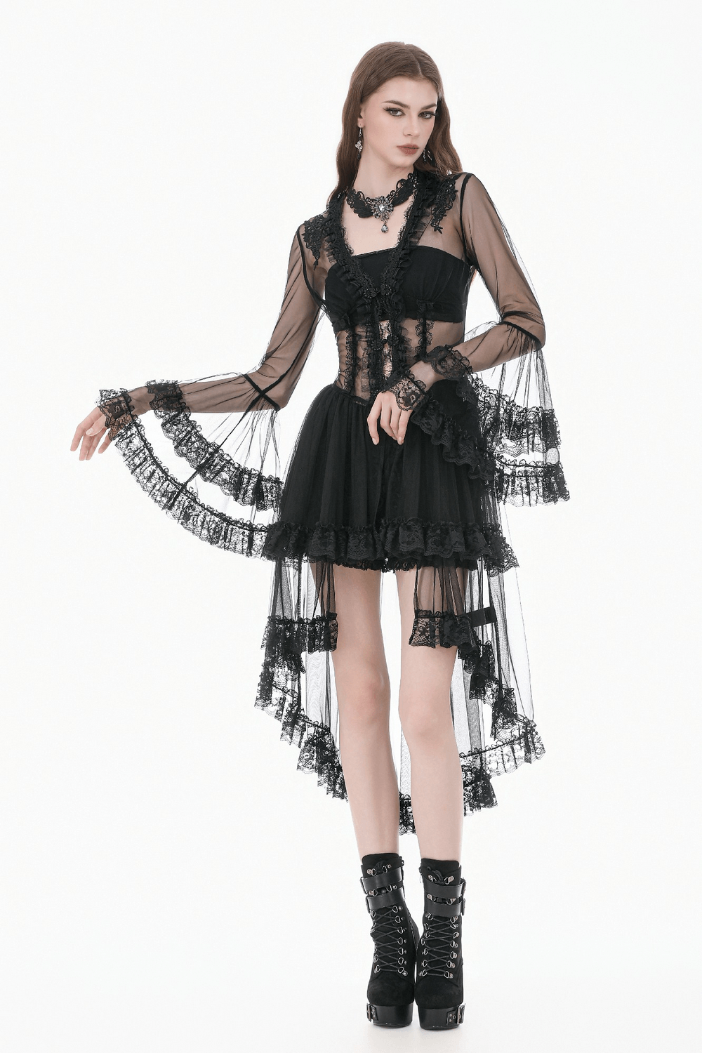 Sexy Black Gothic Sheer Lace Cape with Corset Back Detail worn by model with ruffled sleeves and dramatic hem.