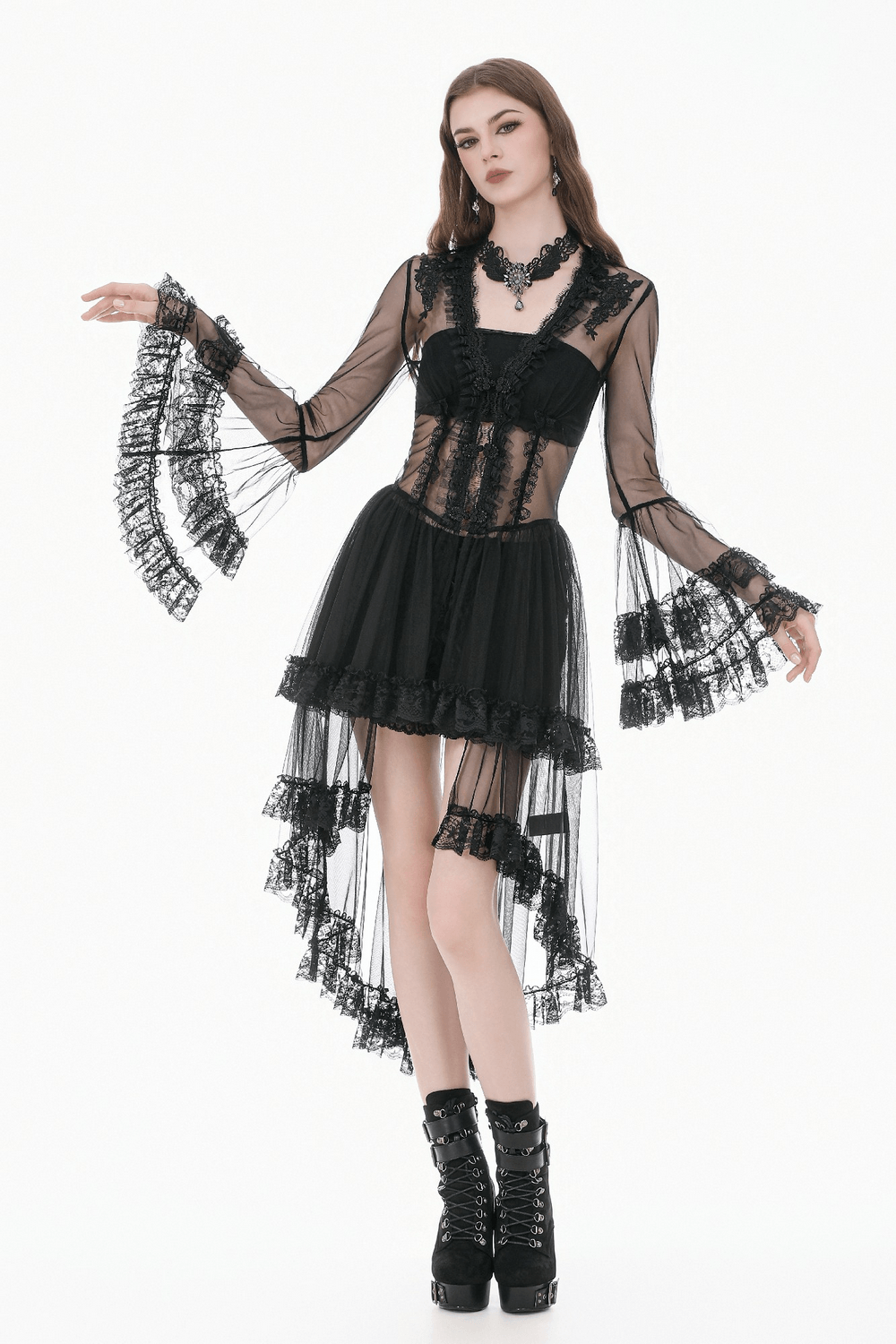 Sexy Black Gothic Sheer Lace Cape with Corset Back Detail worn by model showcasing ruffled sleeves and lace trim.