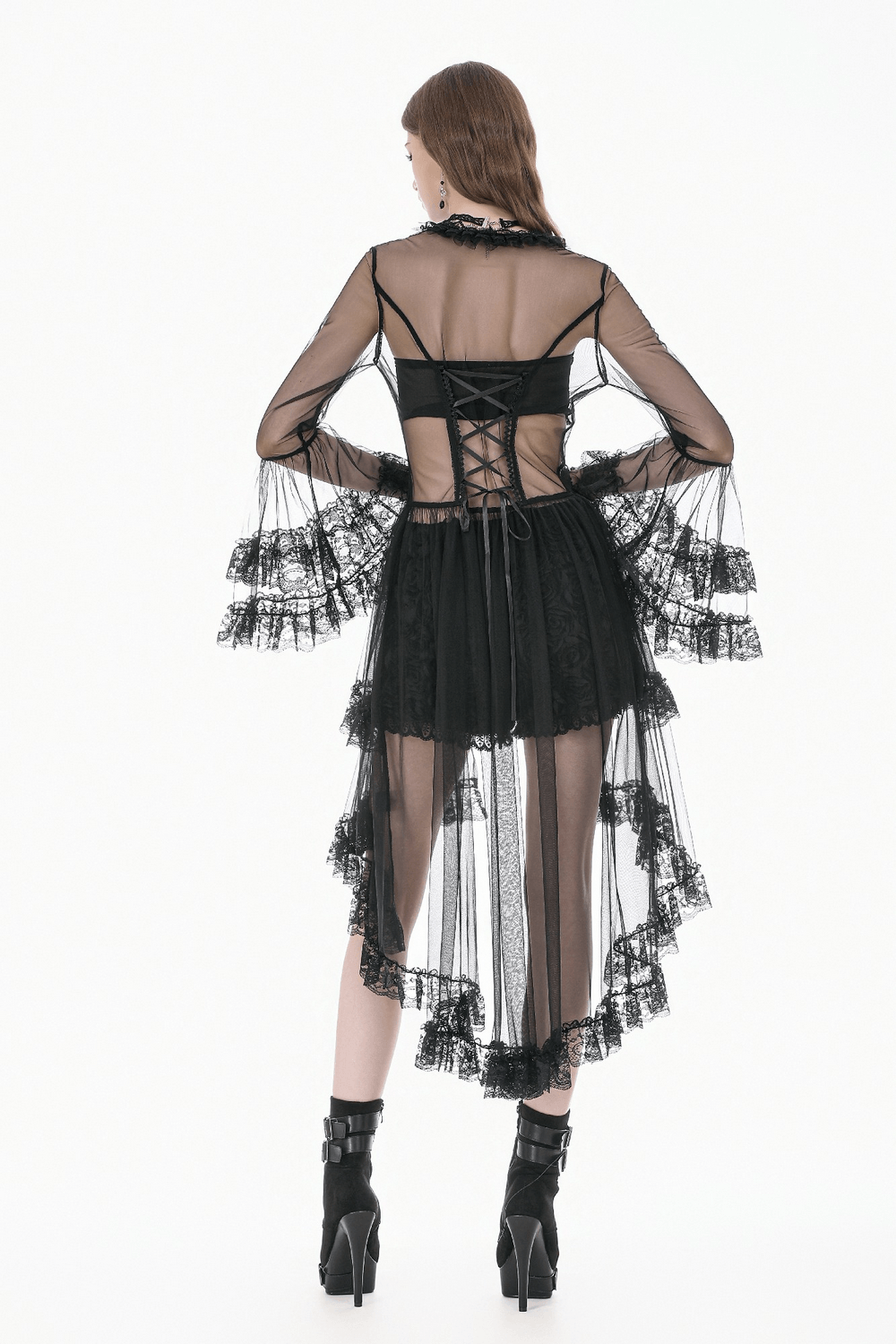 Sexy Black Gothic Sheer Lace Cape with Corset Back Detail showcasing ruffled sleeves and lace trim.