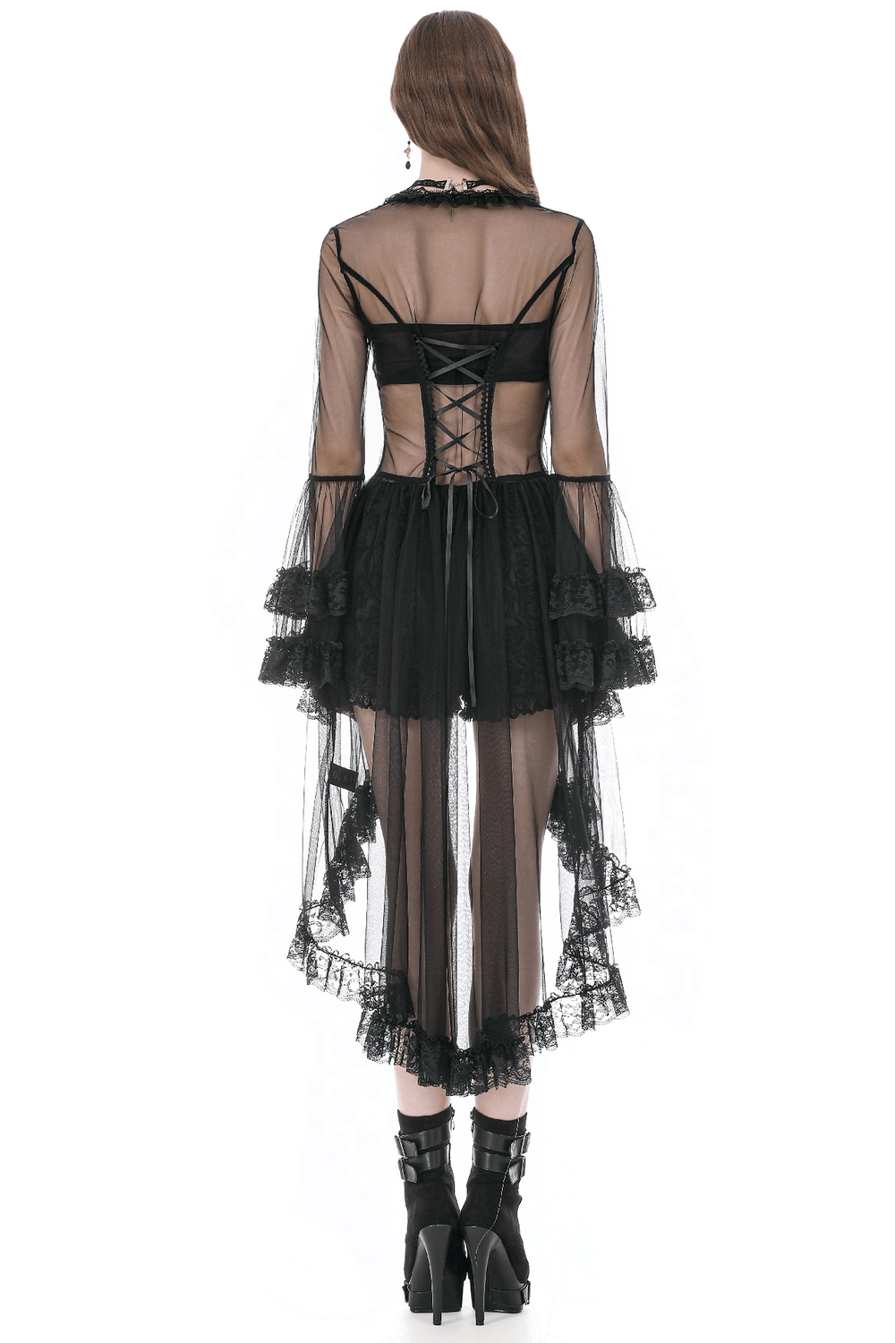 Sexy Black Gothic Sheer Lace Cape with Corset Back Detail showcasing ruffled sleeves and lace trim.