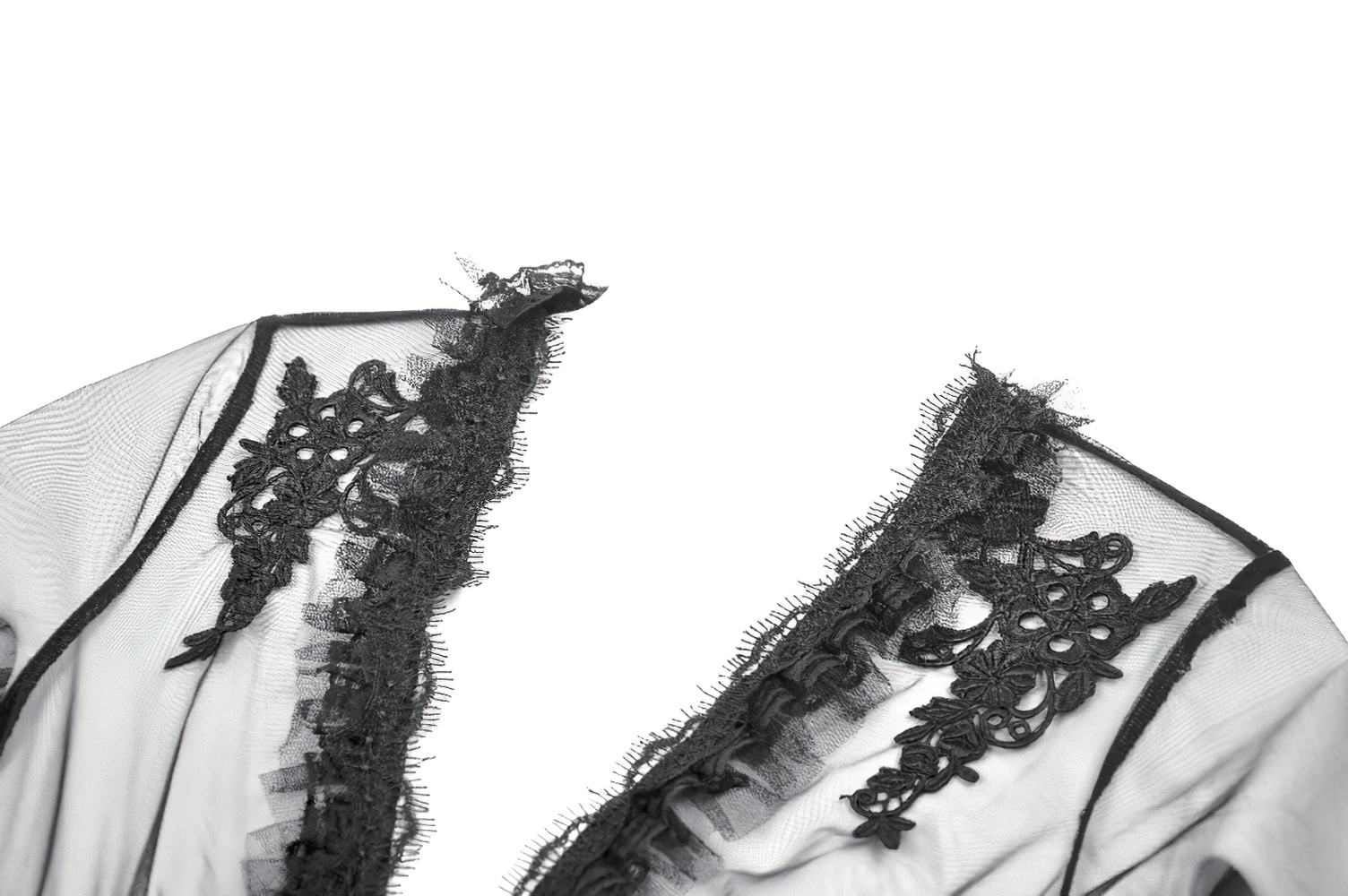 Sexy Black Gothic Sheer Lace Cape with Corset Back Detail showcasing intricate lace trims and ruffled sleeves.