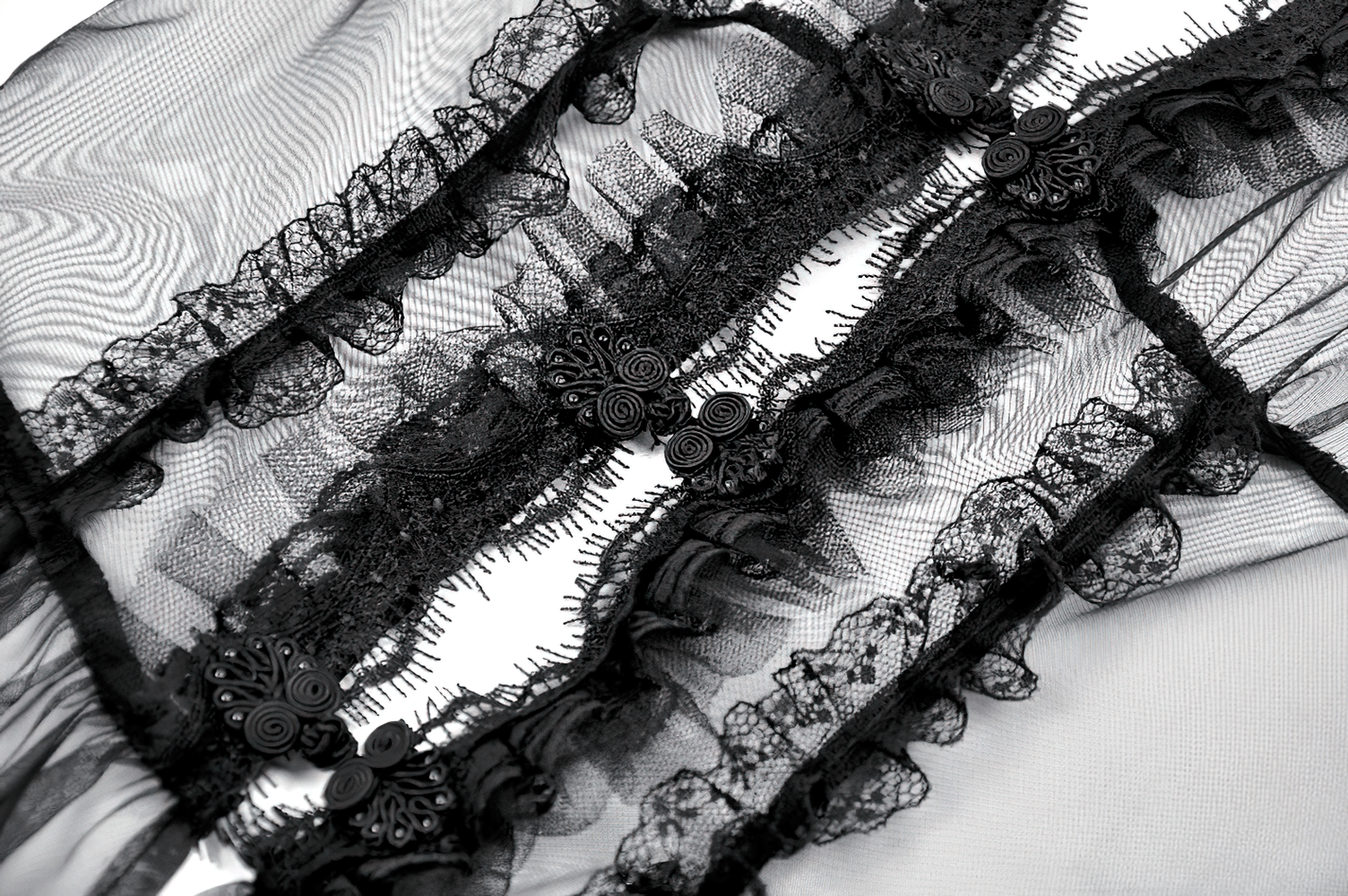 Sexy Black Gothic Sheer Lace Cape with Corset Back Detail featuring intricate lace trims and elegant ruffles.