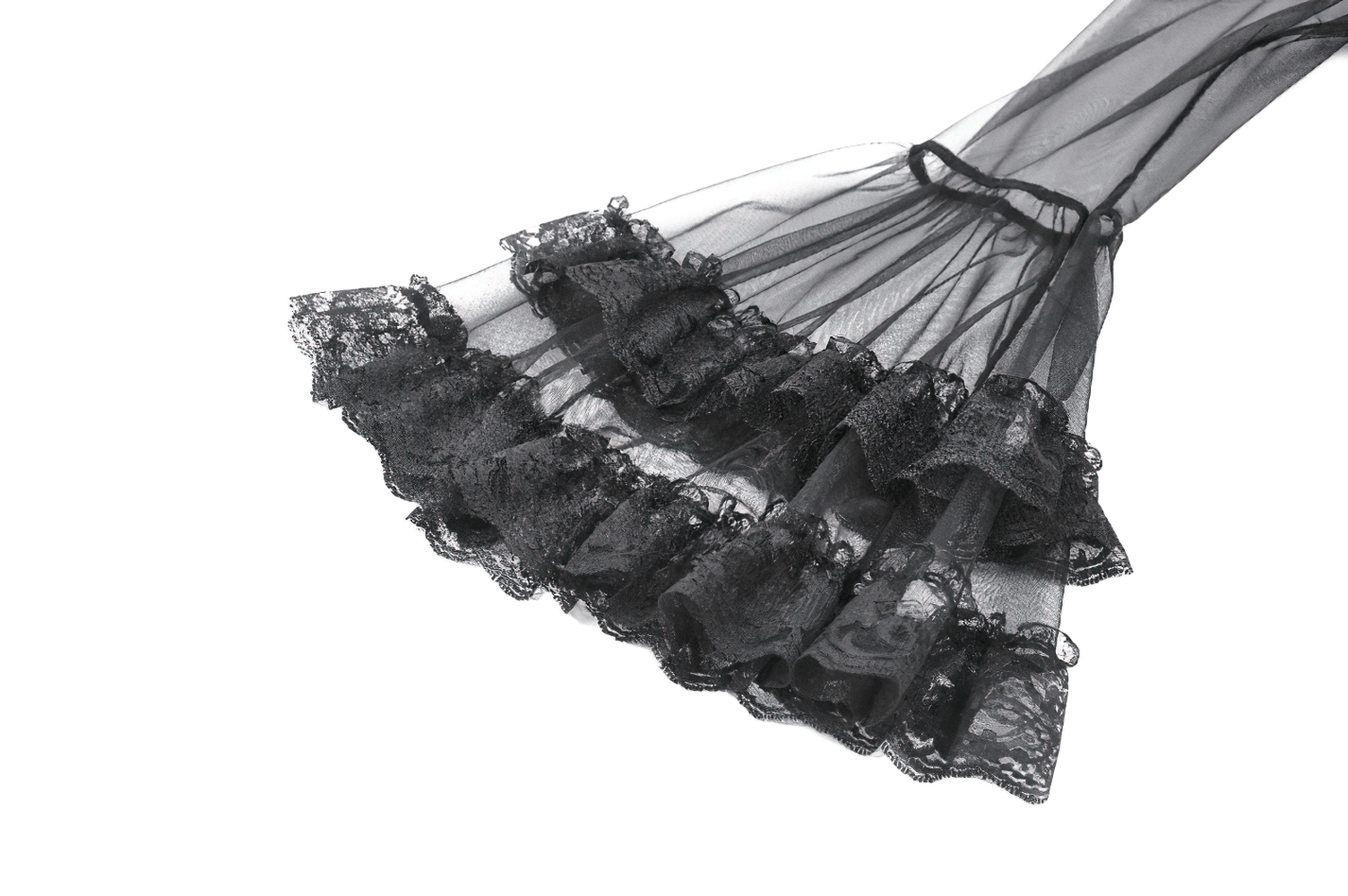Sexy Black Gothic Sheer Lace Cape with Corset Back Detail, featuring ruffled sleeves and lace trim.