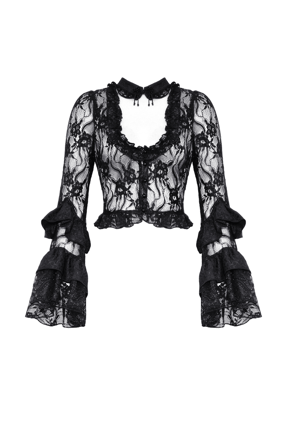Gothic black lace top with elegant bell sleeves, perfect for evening wear and a touch of sophistication.