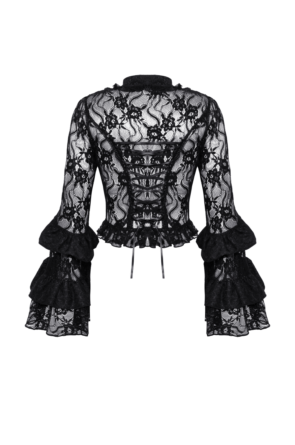 Elegant black lace top with bell sleeves, sheer gothic design perfect for evening wear.