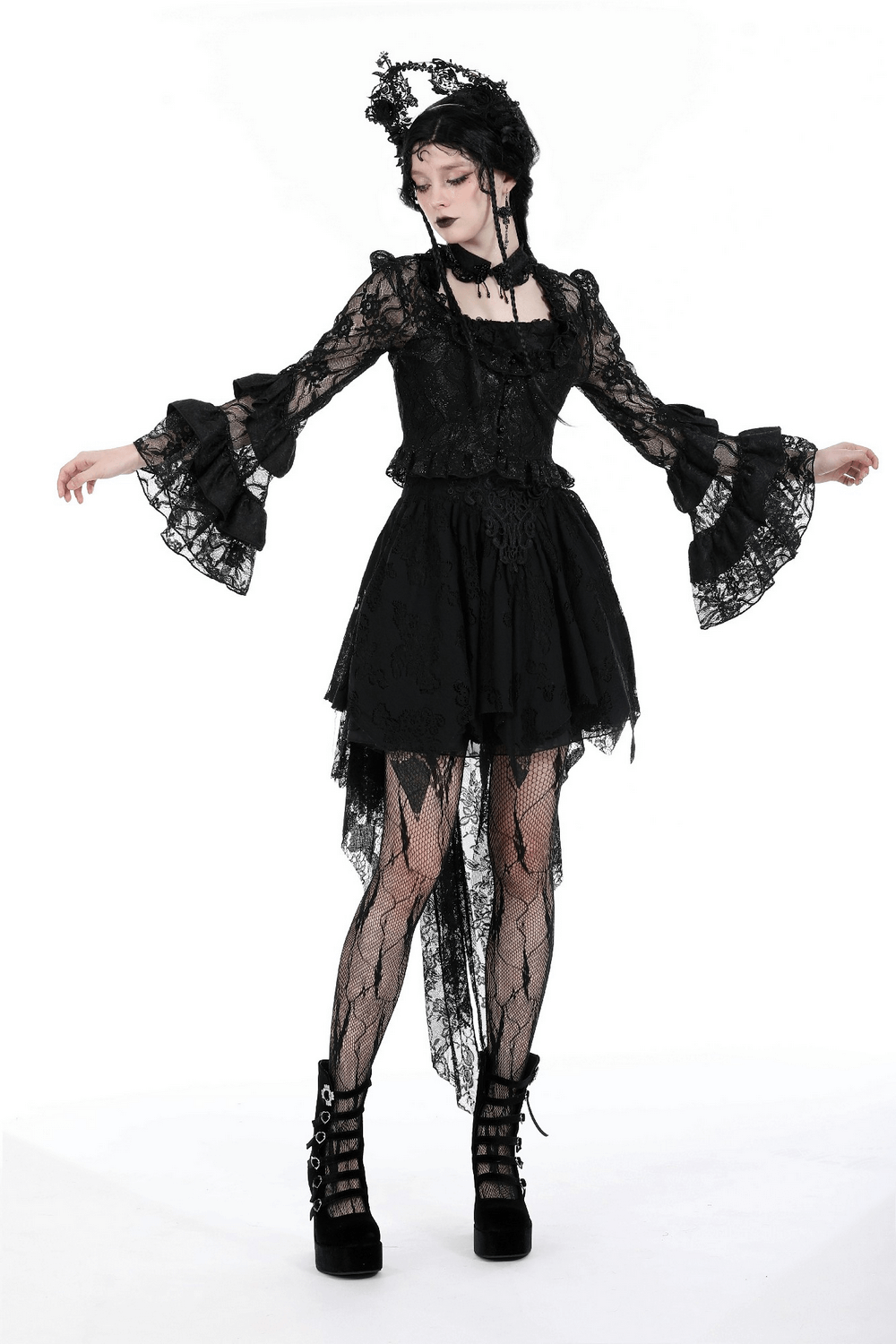 Sexy Black Lace Top with Elegant Bell Sleeves