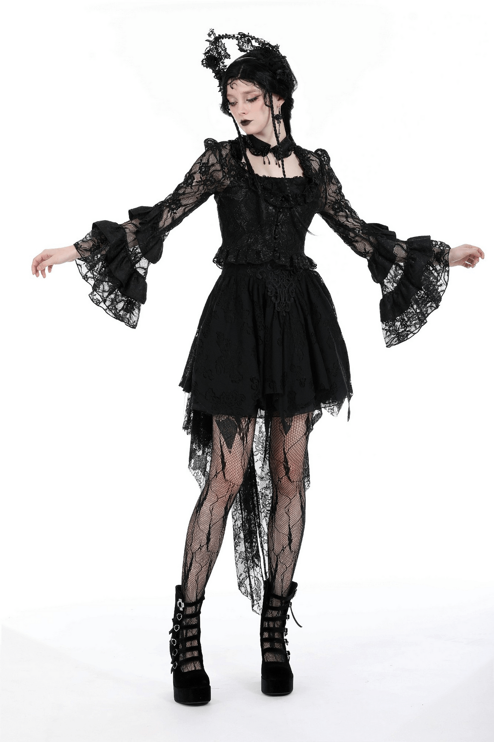 Gothic inspired sheer black lace top with elegant bell sleeves, perfect for evening wear and a sophisticated look.