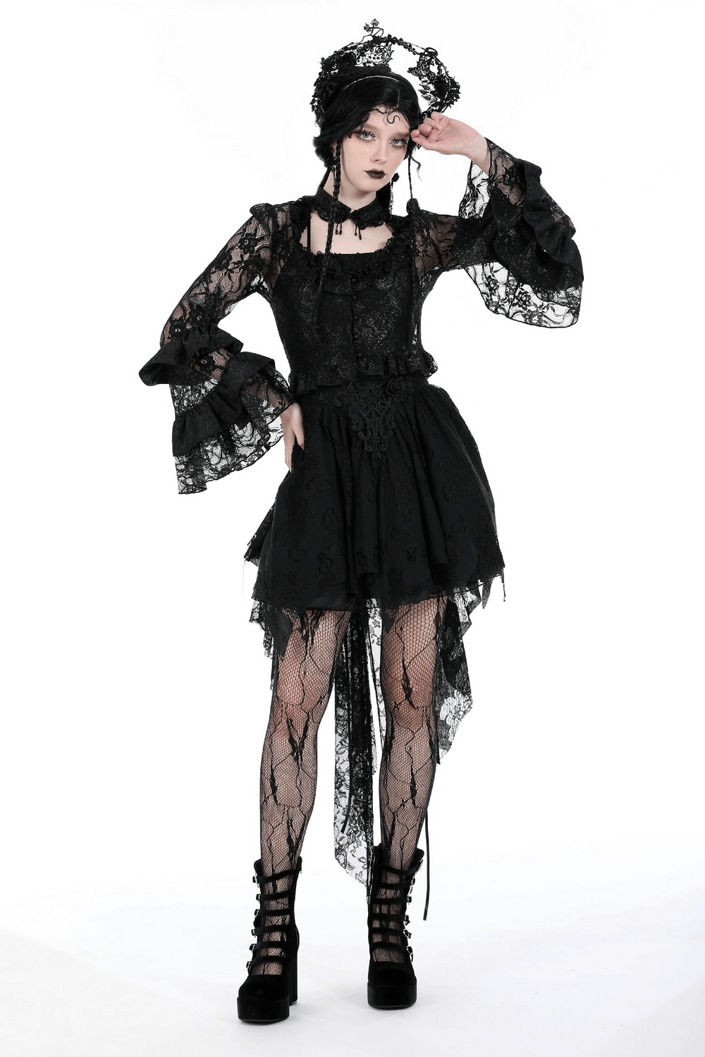 Sexy Black Lace Top with Elegant Bell Sleeves