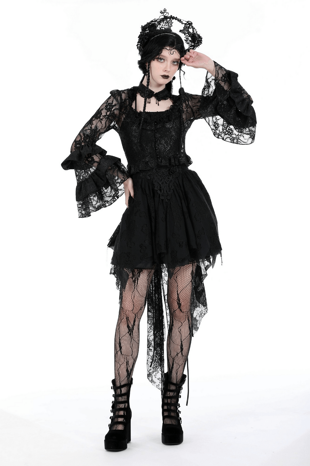 Gothic sheer black lace top with elegant bell sleeves, perfect for evening wear and stylish outfits.