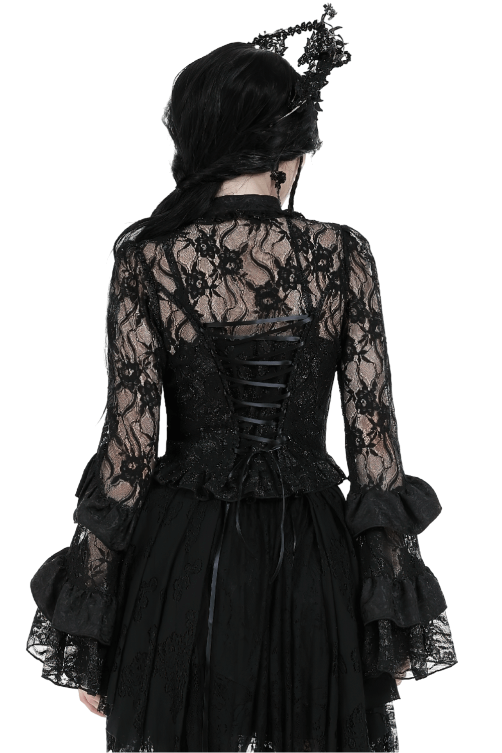 Back view of a sexy black lace top featuring elegant bell sleeves and gothic-inspired design.