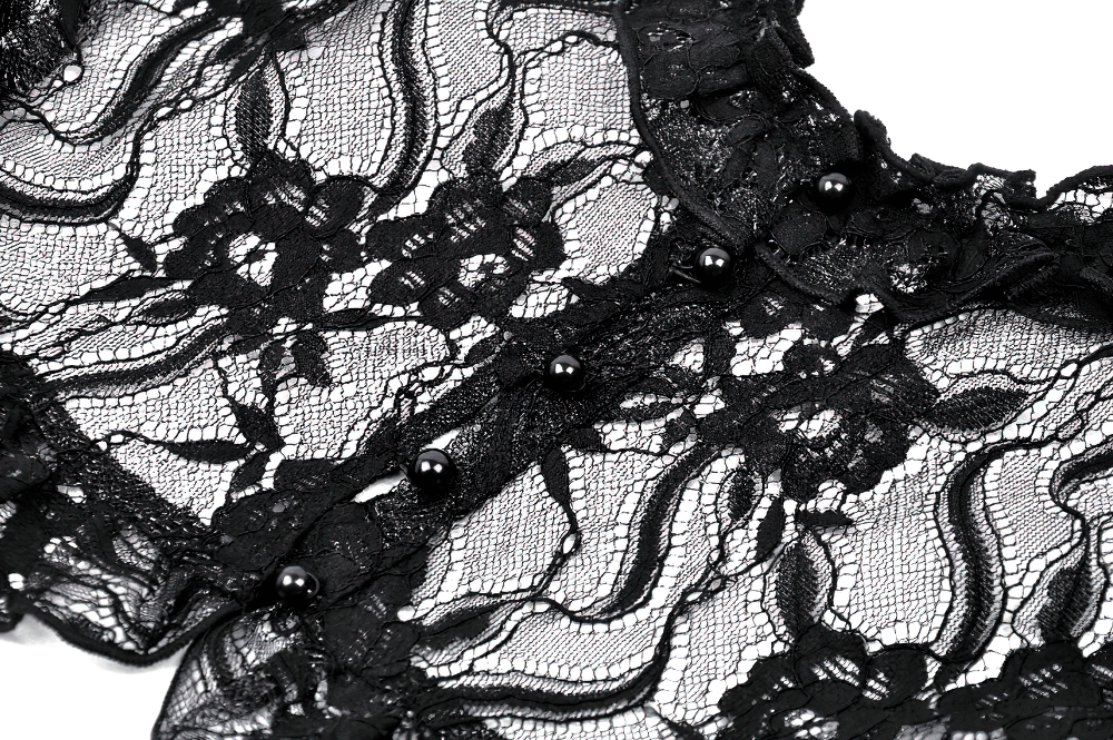 Elegant black lace fabric featuring intricate patterns and delicate beads, perfect for gothic-inspired evening wear.