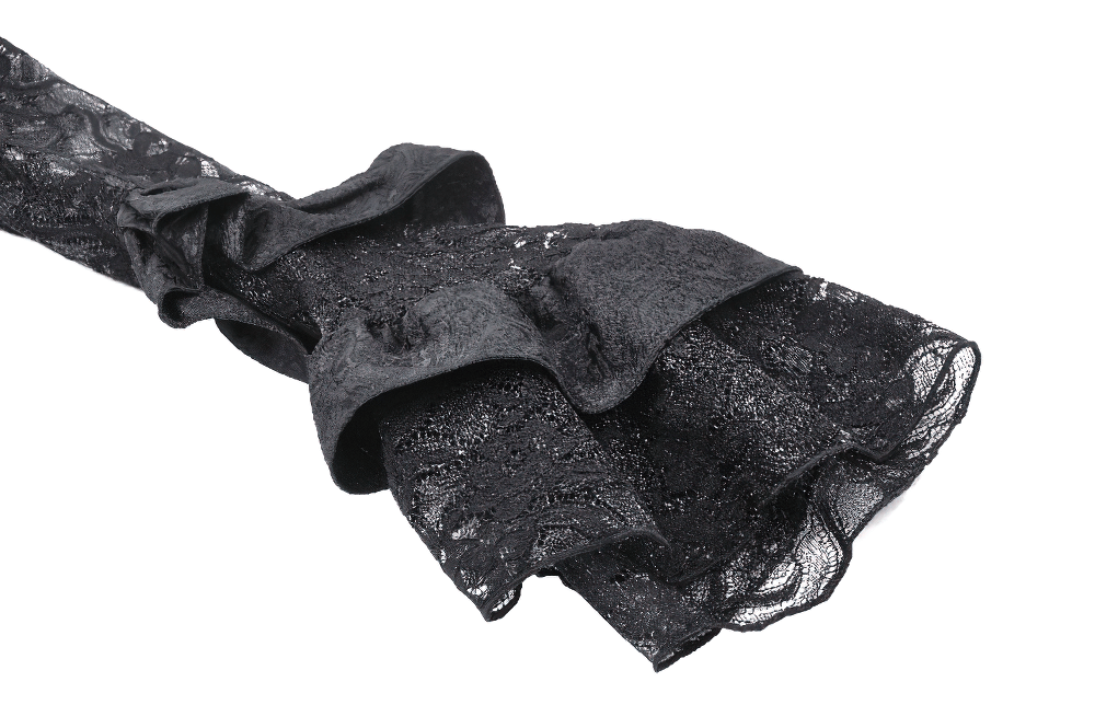 Elegant black lace bell sleeve detail showcasing gothic style and sheer fabric for evening wear.