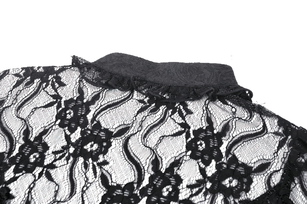 Gothic inspired black lace top featuring elegant bell sleeves and intricate floral patterns for evening wear.