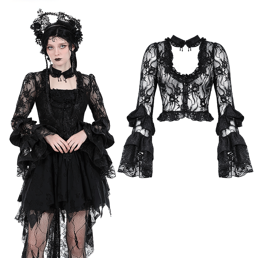 Gothic inspired black lace top with elegant bell sleeves for evening wear, enhancing your sophisticated style.