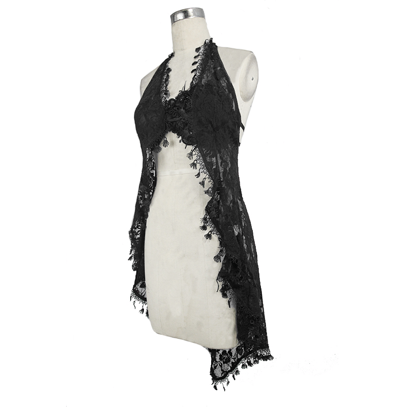 Elegant black lace night dress with asymmetric hem and open back, showcasing gothic style and delicate design.