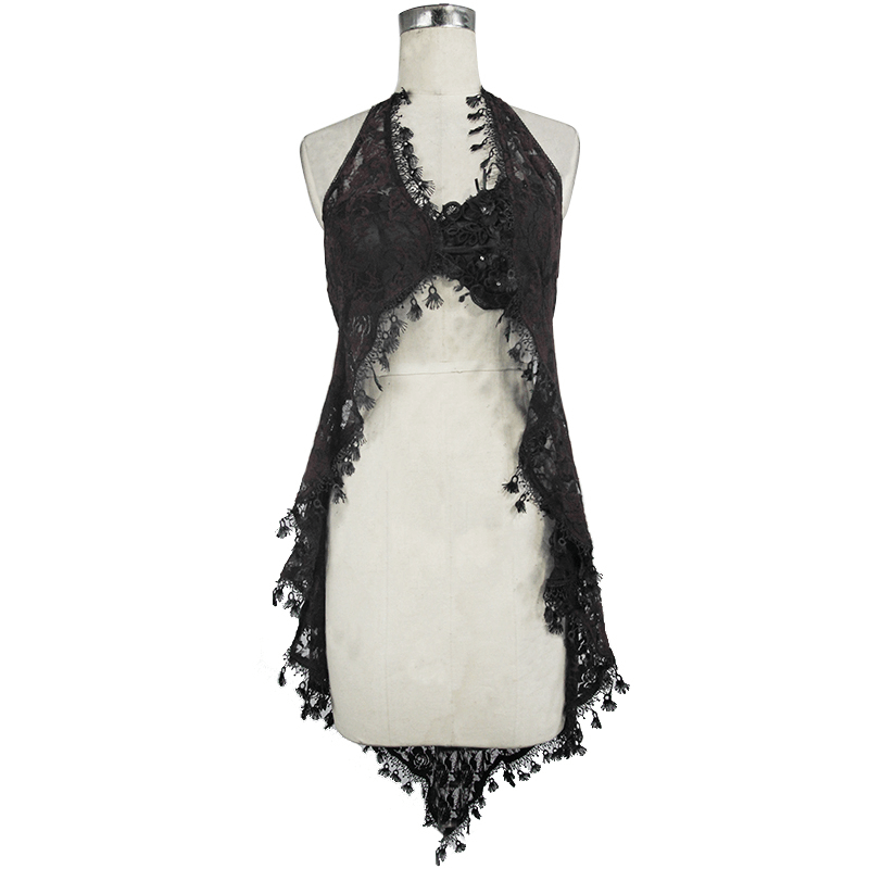 Elegant black lace night dress with asymmetric hem and open back, perfect for gothic style fashion.