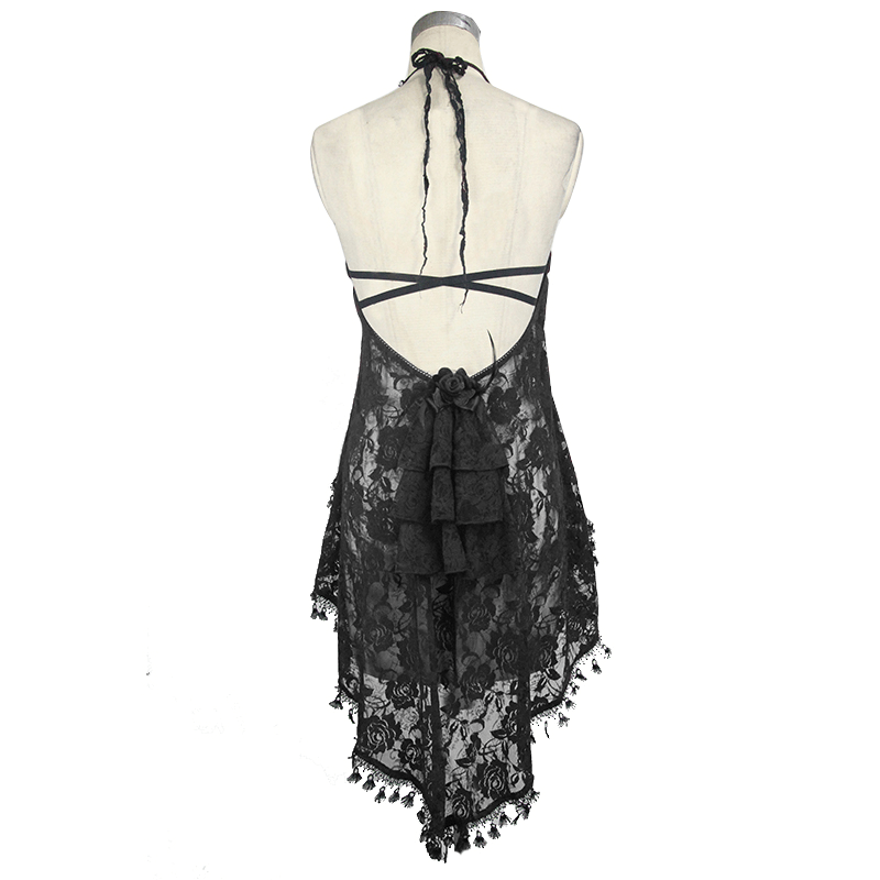 Elegant black lace night dress with open back and asymmetric hem, perfect for a gothic-inspired look.
