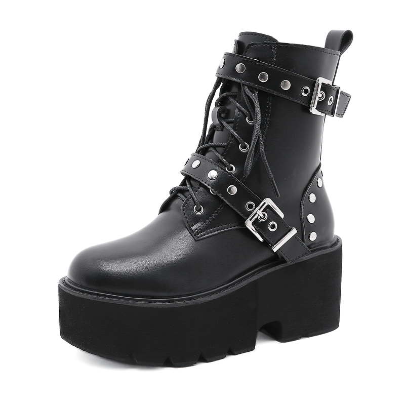 Sexy black PU leather combat boots with rivets and high heels, perfect for steampunk and alternative fashion.