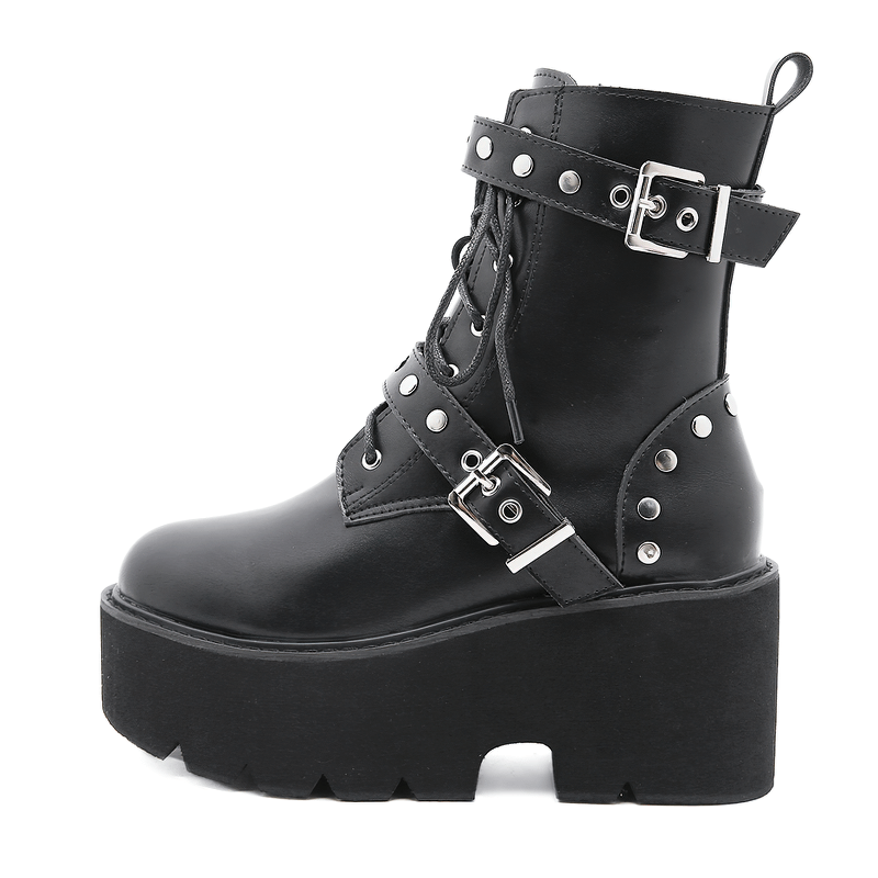 Sexy Black PU Leather Women's Combat Boots With Rivets / High Heels Steampunk Style Platform Shoes - HARD'N'HEAVY