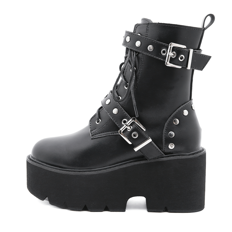 Sexy black PU leather combat boots with rivets and high heels, perfect for steampunk fashion.