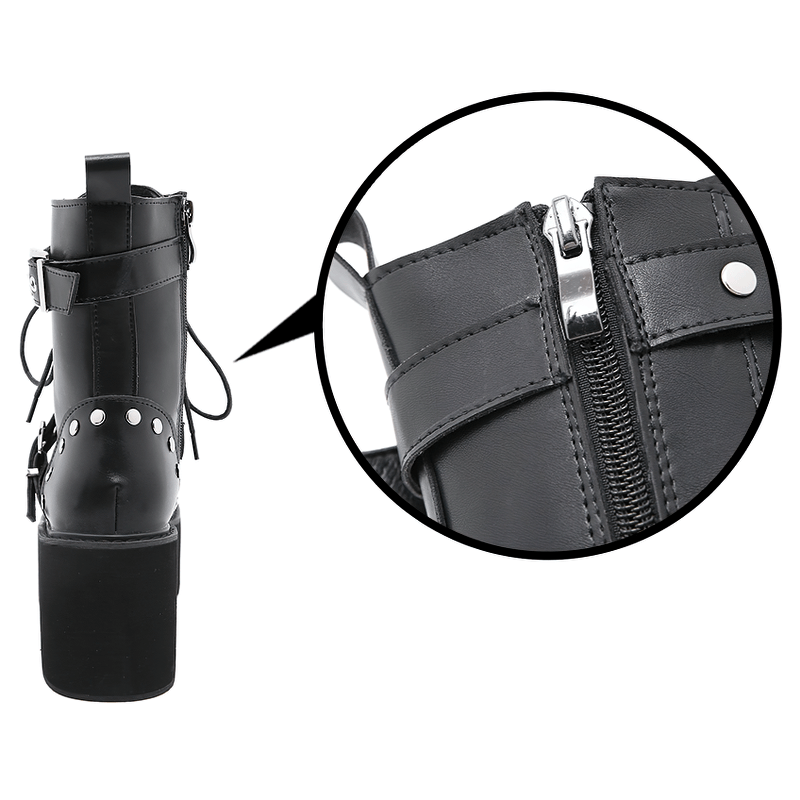 Close-up of sexy black PU leather women's combat boots with rivets and zipper detail, perfect for steampunk style.