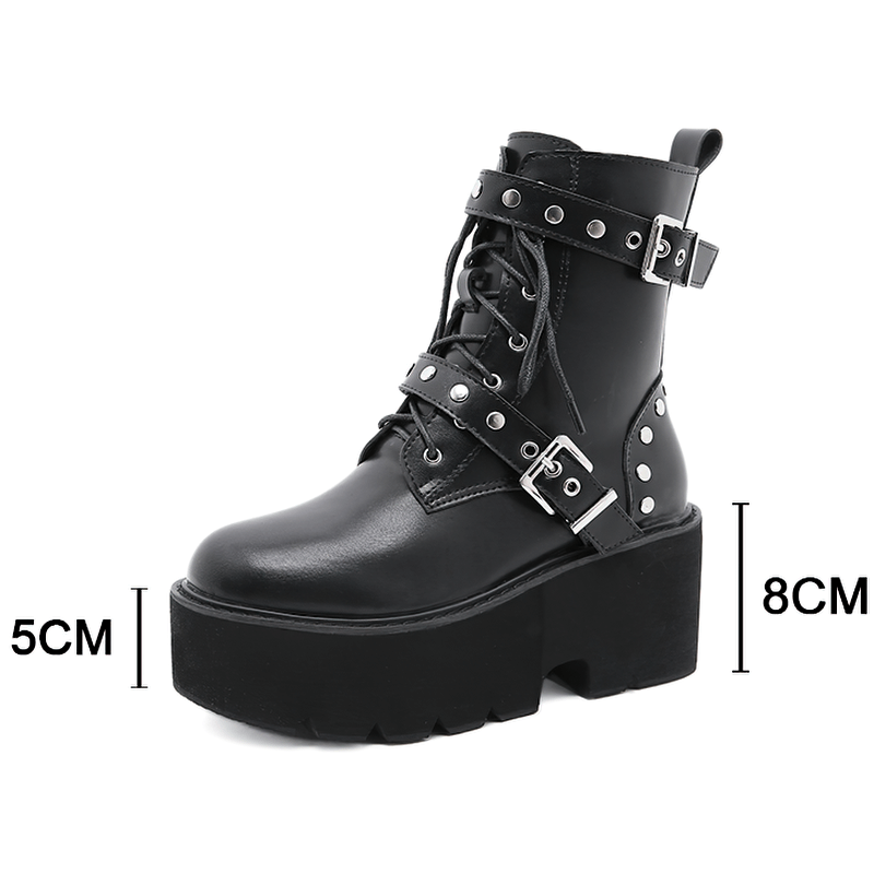 Sexy Black PU Leather Women's Combat Boots With Rivets / High Heels Steampunk Style Platform Shoes - HARD'N'HEAVY