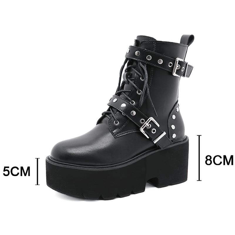 Sexy black PU leather women's combat boots with rivets, high heels, and a stylish steampunk design.