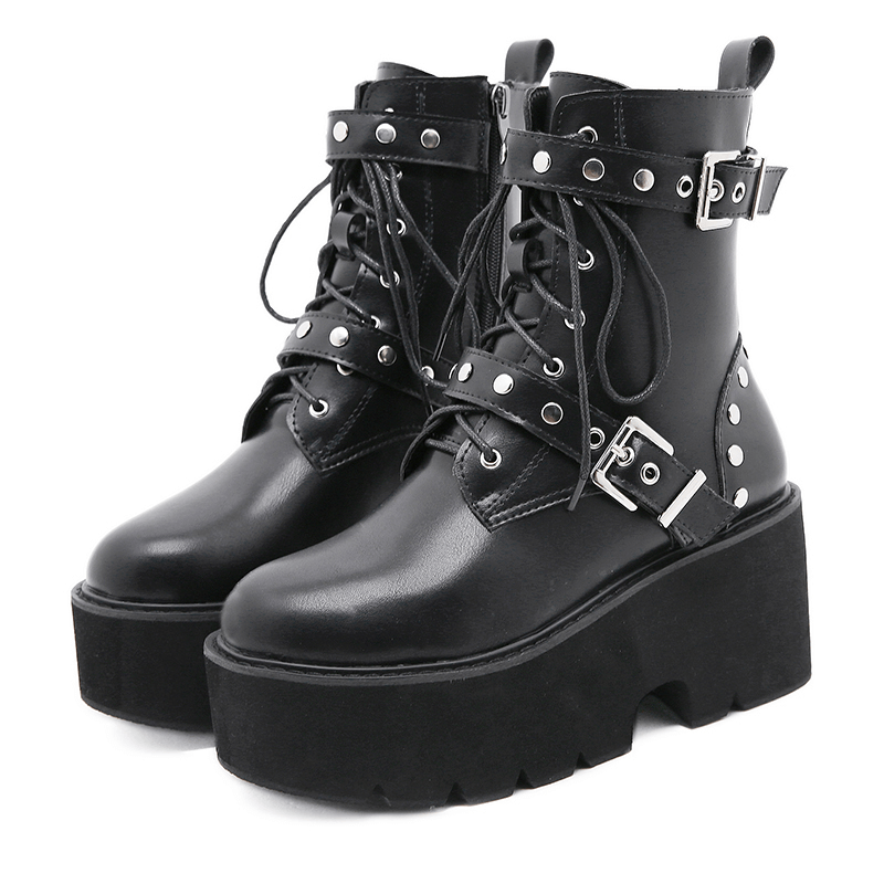 Black PU leather women's combat boots with rivets, high heels, and platform style for steampunk fashion.