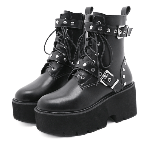 Botas de combate de mujer de cuero PU negro sexy con remaches / tacones altos Zapatos de plataforma estilo Steampunk