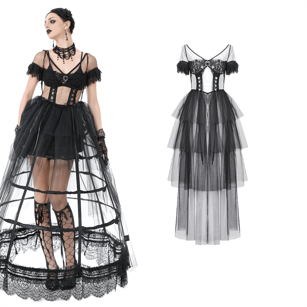Elegant black gothic dress with lace and layered tulle skirt, perfect for themed events.