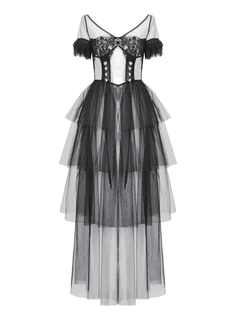 Elegant black gothic maxi dress with lace details and layered tulle skirt for a dramatic look.