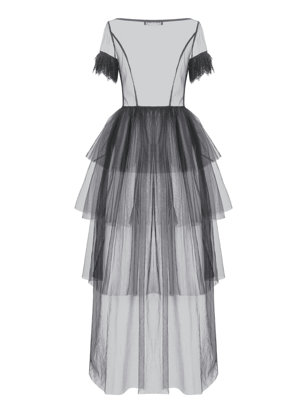 Elegant black gothic tulle dress with lace details and tiered skirt, perfect for evening wear or gothic-themed events.