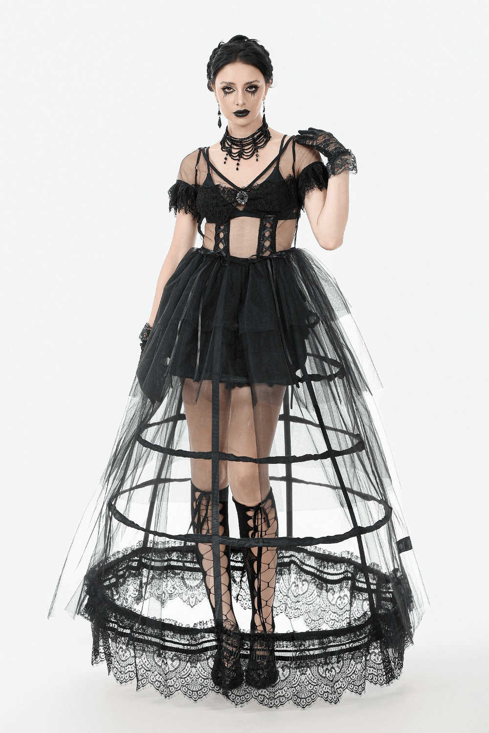 Elegant black tulle gothic dress with lace details and layered skirt, perfect for gothic-themed events.