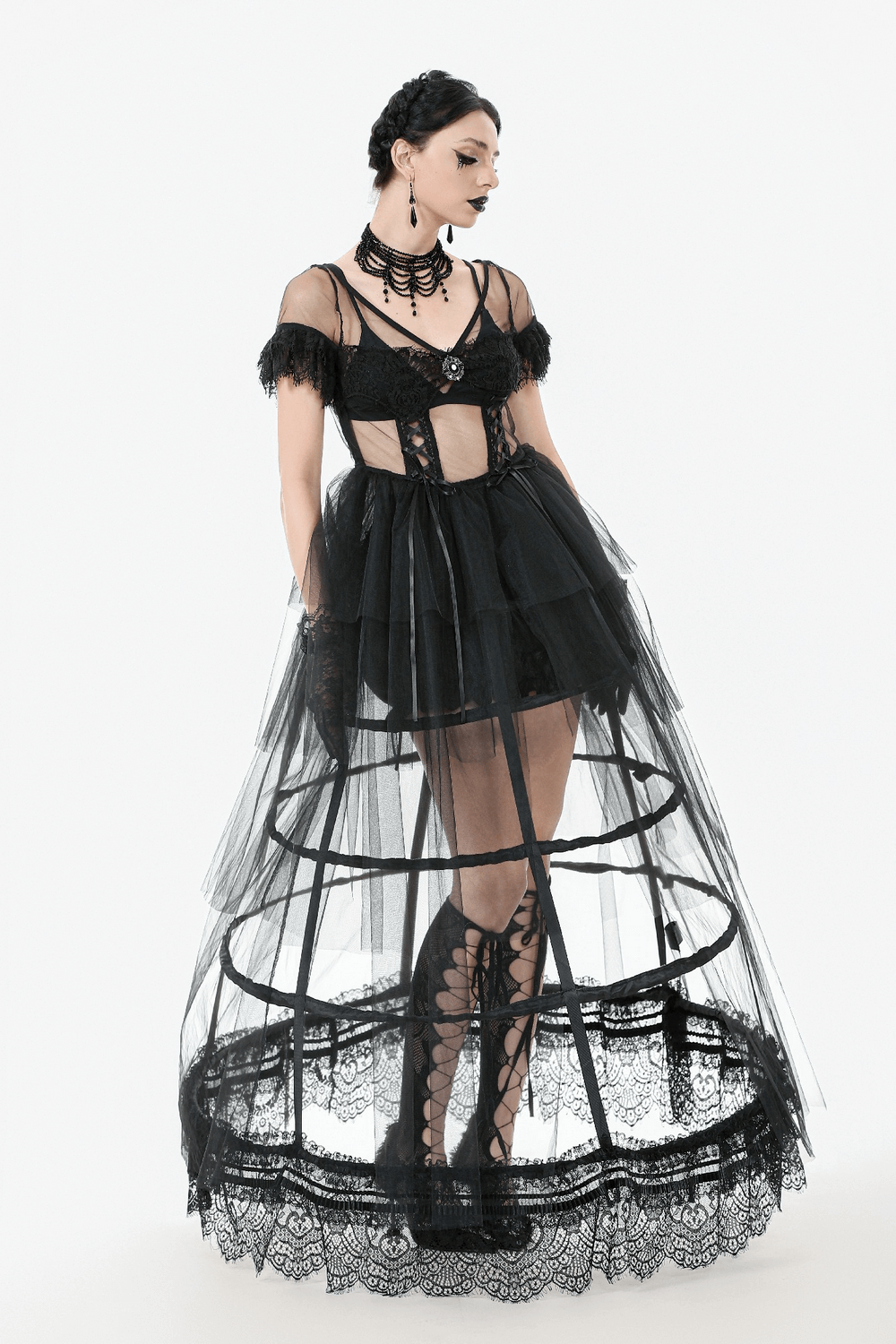 Elegant black gothic dress with lace and layered tulle, perfect for dark-themed events.
